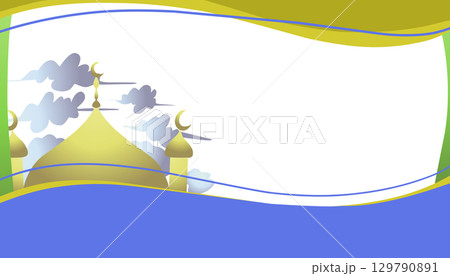 The background theme is Ramadan and Islamic holidays with images of mosques and clouds with gradient yellow and gradient blue colours. 129790891
