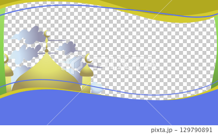 The background theme is Ramadan and Islamic holidays with images of mosques and clouds with gradient yellow and gradient blue colours. 129790891