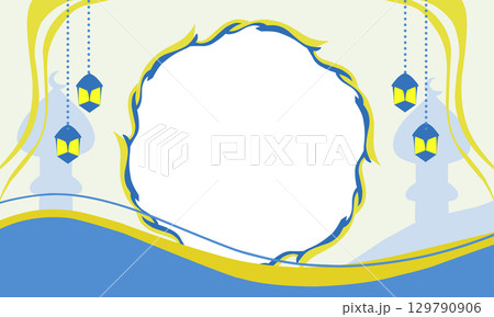 Background with Ramadan and Eid theme, with blue colour and lanterns 129790906