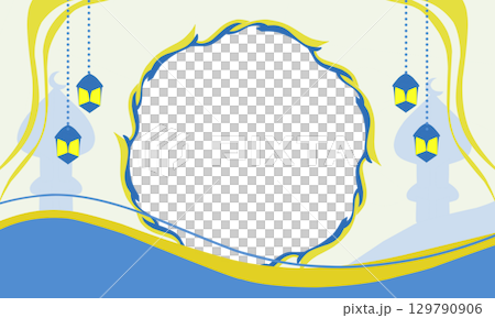 Background with Ramadan and Eid theme, with blue colour and lanterns 129790906