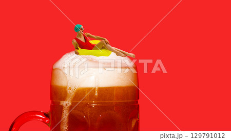 Bold poster. Swimmer on foamy beer mug with surreal summer vibe Bold poster. Swimmer on foamy beer mug with surreal summer vibe 129791012