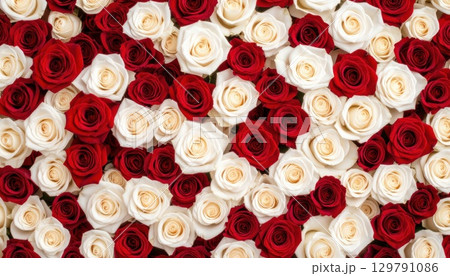 《AI画像》敷き詰められた赤と白の薔薇の花 129791086