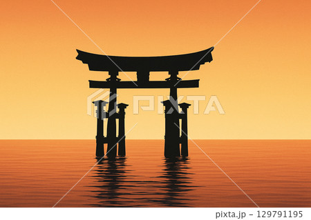 夕暮れに浮かぶ厳島神社の鳥居シルエット 129791195