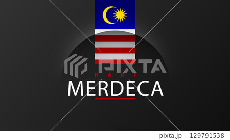 Template for Malaysia Independence day with black background red white stripes, moon and star on blue, shadow cut line. Vector holiday graphic banner design. Hari Merdeka text 129791538