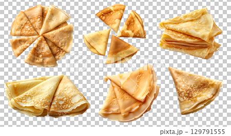 Crepe crepes batter dessert on transparent cutout, PNG file. Many assorted different angles, stack, pile, slice fold, flay lay. Mockup template for artwork 129791555
