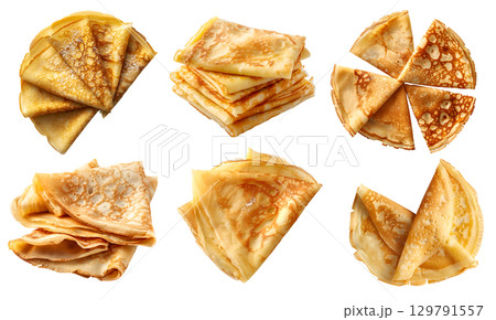Crepe crepes batter dessert on transparent cutout, PNG file. Many assorted different angles, stack, pile, slice fold, flay lay. Mockup template for artwork 129791557