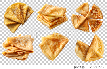 Crepe crepes batter dessert on transparent cutout, PNG file. Many assorted different angles, stack, pile, slice fold, flay lay. Mockup template for artwork 129791557