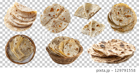 Tortilla tortillas flatbread bread bun on transparent cutout, PNG file. Many assorted different angles, stack, pile, fold. Mockup template for artwork design 129791558