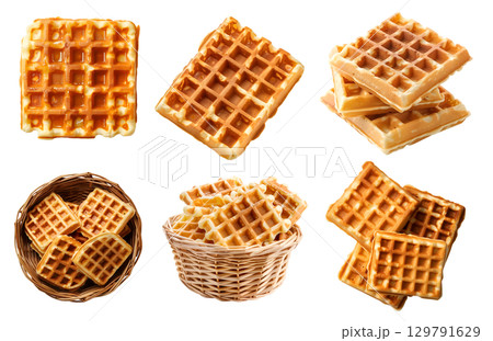 Square Waffle waffles wafel batter dessert on transparent cutout, PNG file. Many assorted different angles, stack, basket, broken, pile, cube, slice. Mockup template for artwork 129791629