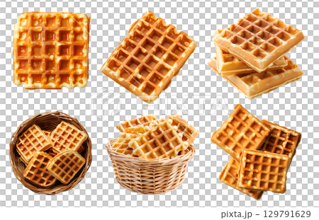 Square Waffle waffles wafel batter dessert on transparent cutout, PNG file. Many assorted different angles, stack, basket, broken, pile, cube, slice. Mockup template for artwork 129791629