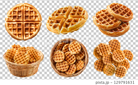 Round circle Waffle waffles wafel batter dessert on transparent cutout, PNG file. Many assorted different angles, stack, basket, broken, pile, cube, slice. Mockup template for artwork 129791631