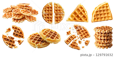 Round circle Waffle waffles wafel batter dessert on transparent cutout, PNG file. Many assorted different angles, stack, broken, pile, slice. Mockup template for artwork 129791632