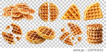 Round circle Waffle waffles wafel batter dessert on transparent cutout, PNG file. Many assorted different angles, stack, broken, pile, slice. Mockup template for artwork 129791632