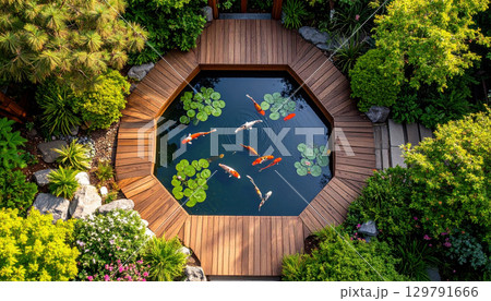 Serene octagonal pond surrounded by lush greenery features colorful koi fish swimming gracefully among lily pads. wooden deck enhances tranquil atmosphere, inviting relaxation and reflection 129791666