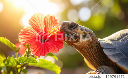 Turtle interacts with vibrant red hibiscus flower, showcasing serene moment in nature. warm sunlight enhances beauty of scene, creating peaceful atmosphere Turtle interacts with vibrant red hibiscus flower, showcasing serene moment in nature. warm sunlight enhances beauty of scene, creating peaceful atmosphere 129791671