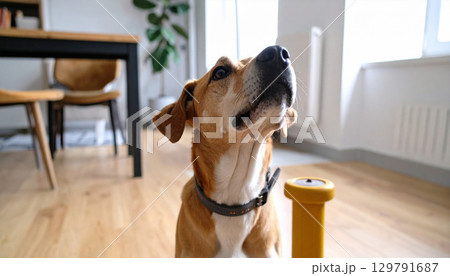 Curious dog sits indoors, gazing upward with attentive expression. modern living space features wooden flooring and cozy atmosphere, perfect for pets 129791687