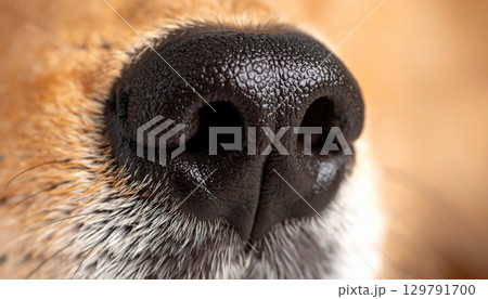 Close up view of dog nose, showcasing its unique texture and features. black surface is dotted with moisture, highlighting sensitivity and importance of dog sense of smell Close up view of dog nose, showcasing its unique texture and features. black surface is dotted with moisture, highlighting sensitivity and importance of dog sense of smell 129791700