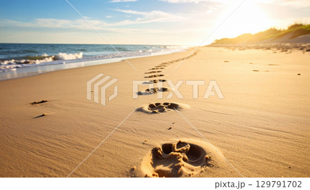 Footprints in sand lead towards ocean, illuminated by warm sunset. tranquil scene evokes sense of peace and connection with nature, inviting reflection and serenity 129791702