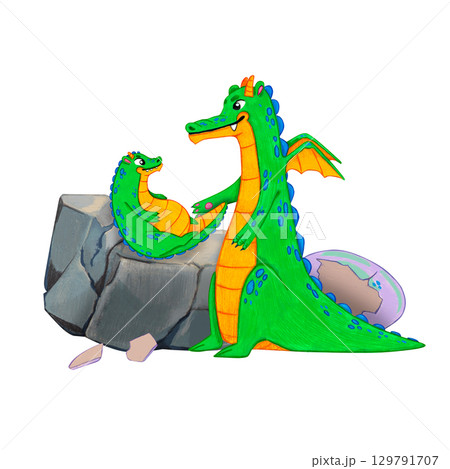 Big green dragon with yellow belly plays with small baby dragon near stones and egg. Watercolor illustration magical creatures, a fairy tale. Mother. Suitable for books, fantasy themes, postcards. Big green dragon with yellow belly plays with small baby dragon near stones and egg. Watercolor illustration magical creatures, a fairy tale. Mother. Suitable for books, fantasy themes, postcards. 129791707
