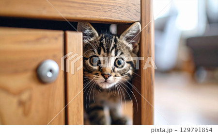 Curious kitten peeking from wooden cabinet, showcasing big eyes and playful demeanor. warm tones of wood create cozy atmosphere, inviting sense of joy and wonder 129791854