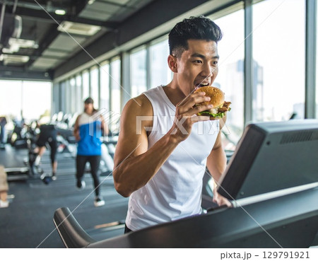 ハンバーガーを食べながら走るトレーニー トレーニングジム ジャンクアップジム ハンバーガーを食べながら走るトレーニー トレーニングジム ジャンクアップジム 129791921