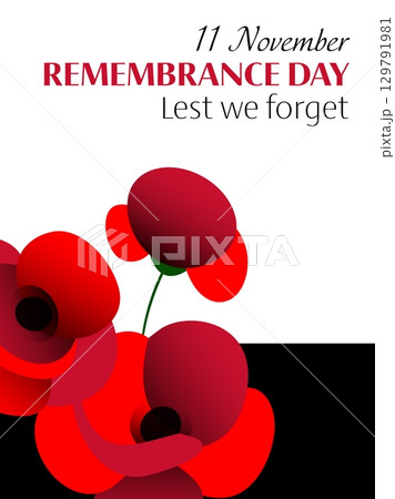 Vector illustration of remembrance day vertical poster with red poppy flowers on white and black rectangle Vector illustration of remembrance day vertical poster with red poppy flowers on white and black rectangle 129791981