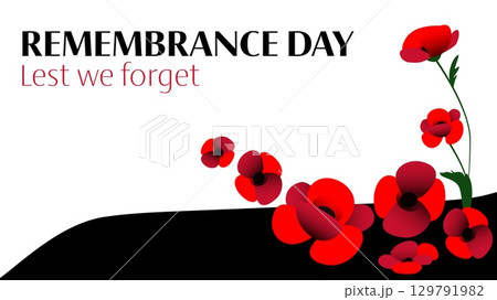 Vector illustration of remembrance day horizontal banner with red poppies on white and black background 129791982