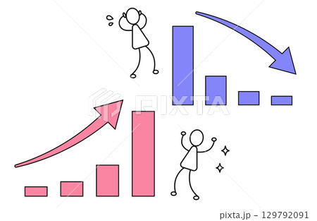 シンプルな棒グラフと矢印にリアクションする人物を描いた線画ベクターイラスト 129792091