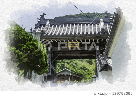 水彩画風　四国八十八箇所73番　出釈迦寺　山門　香川県善通寺市 129792093