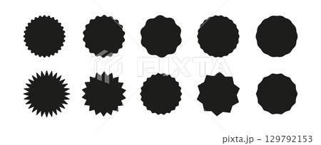 Black circle sticker set. Star burst shape tags for price, shop. Wavy edge promo black badges. Flat vintage labels. Blank sale stickers collection, simple silhouette. Graphic illustration. 129792153