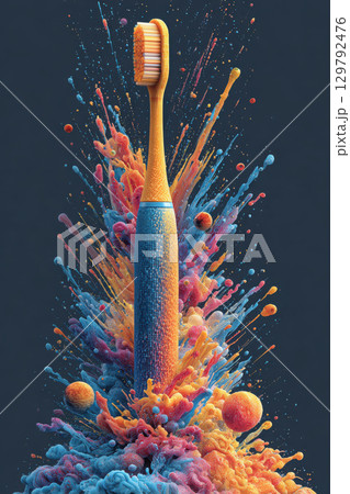 Colorful toothbrush with vibrant paint splash background artistic 129792476