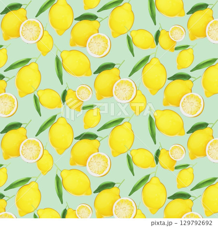 Seamless 3D Lemon Fruit Pattern on light green Background 129792692