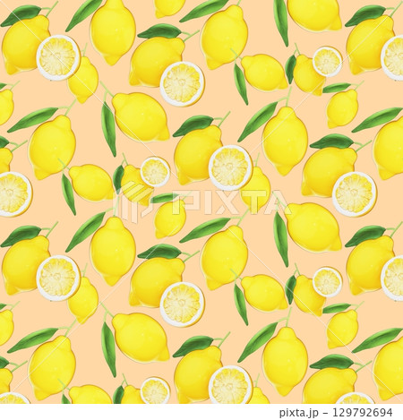 Seamless 3D Lemon Fruit Pattern on light orange Background Seamless 3D Lemon Fruit Pattern on light orange Background 129792694