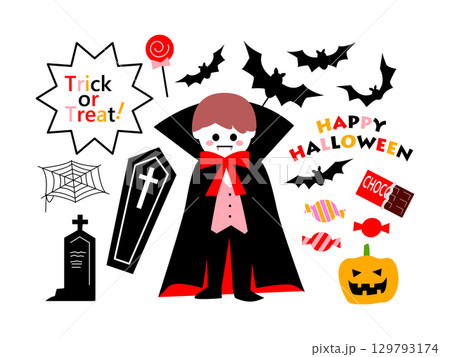 ハロウィン　かわいい子どもの仮装イラストセット 129793174