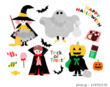 ハロウィン　かわいい子どもの仮装イラストセット 129793176