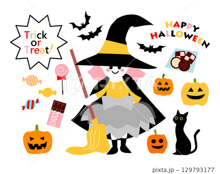 ハロウィン　かわいい子どもの仮装イラストセット 129793177