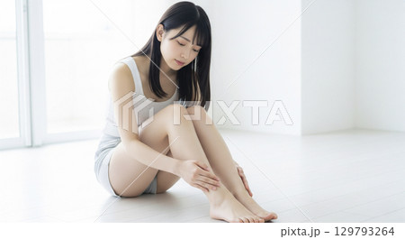 素足をさする若い女性　ビューティーイメージ 129793264