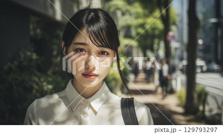 街路樹を歩く女性 129793297