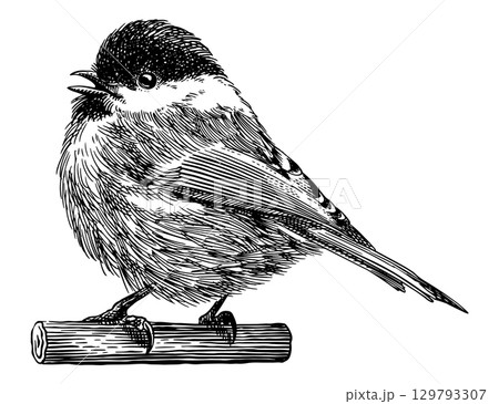 Brown headed tit. Hand drawn illustration. Isolated bird species in detailed engraving style Brown headed tit. Hand drawn illustration. Isolated bird species in detailed engraving style 129793307