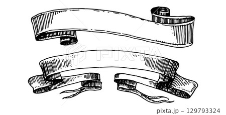 Set of scroll ribbon banners in Barocco style. Hand drawn engraving for your text in vintage 129793324