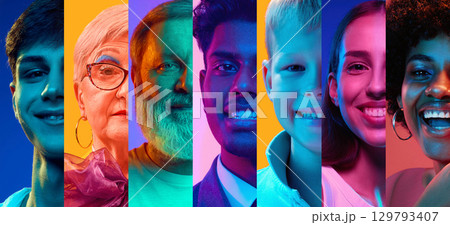 Colorful vertical portrait collage of diverse smiling people 129793407