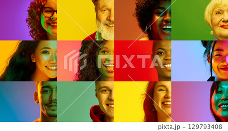 Vibrant collage of diverse happy faces on colorful backgrounds Vibrant collage of diverse happy faces on colorful backgrounds 129793408