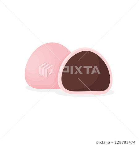 Mochi Daifuku isolated on white background. Japanese sweet rice cake cartoon dessert with adzuki. Vector illustration 129793474