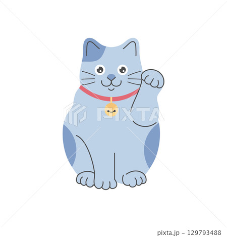 Simple hand drawn Maneki neko lucky cat isolated on white background. Vector illustration 129793488