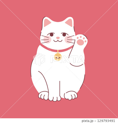 Hand drawn Maneki neko lucky cat with a raised paw. Symbol of wealth and luck. Vector illustration 129793491