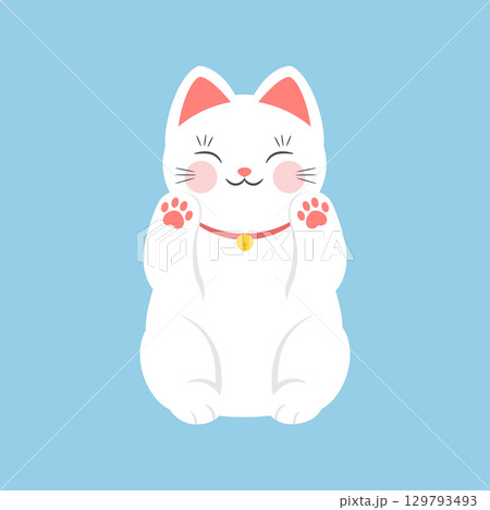 Cute white maneki neko beckoning cat with raised paws. Vector flat icon of Japanese lucky cat. Wealth and talisman 129793493