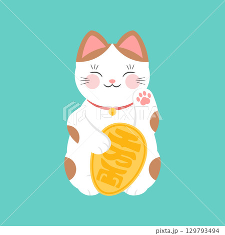 Cute white and ginger Maneki neko beckoning cat. Vector flat icon of Japanese lucky cat. Wealth and talisman 129793494