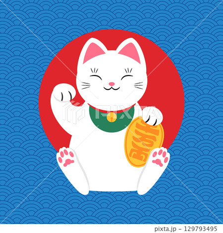 Beckoning cat Maneki neko on Asian wavy pattern background. Vector illustration Beckoning cat Maneki neko on Asian wavy pattern background. Vector illustration 129793495
