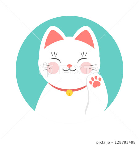 White beckoning cat Maneki neko round icon. Vector illustration 129793499