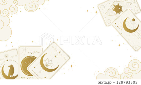 Celestial fortune telling banner with tarot cards and clouds. Tarot desk. Vector illustration 129793505